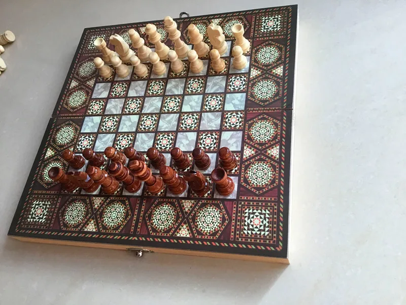Wooden Chess Game Set 3 in 1 Checkers Chess Backgammon Travel Chess Set Foldable Chessboard