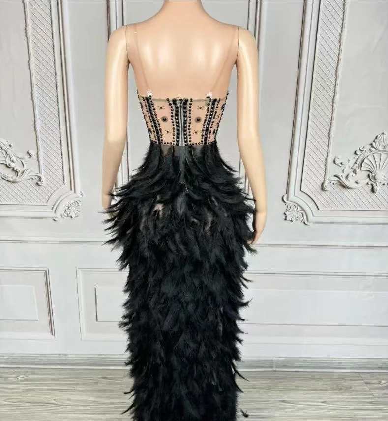 Black Swan Diamond Feather Party Dress Adult Model Catwalk Trendy Sexy Clothing Birthday Light Luxury Evening Dress Clothing