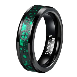Coolstyle Jewelry 6mm Black Tungsten Ring Men Women Wedding Band Steampunk Gear Wheel Green Carbon Fiber Inlay Comfort Fit
