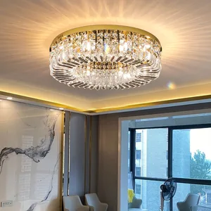 JACKSUN Modern Home Dining Living Room Bedroom Hotel Gold Round Flush Mount Luxury Crystal Led Chandelier Ceiling Light