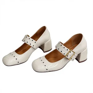 Women's Fashionable Trend Genuine Leather Mary Jane Block Heel Single Pumps Waterproof Feature-Direct Factory Supplementary