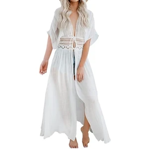 Womens Long Lace Cover up Sheer Bikini Coverups Kimono Tie Front Bathing Suit Swimsuit Beachwear Dresses