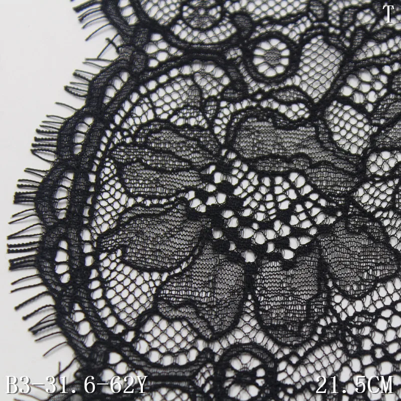 Factory Price 21cm Black French Floral Lace Trim Chantilly Eyelash Nylon Lingerie Lace Fabric for Abaya Sheila Evening Dress