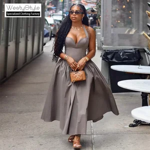 Autumn Solid Sweet Floor-Length Chiffon A-line Dress for European American Women Sleeveless V-neck Front Logo Draped Club