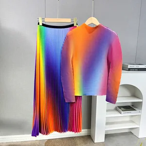 Fast Shipping Premium Quality Miyake Pleated 2-Piece Skirt Set with Stretch Print and Gradient Colors for Women