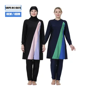Custom 3XL-8XL Muslim Hijab Fashion Plus Size Striped Burkini Swimwear Women's 3 Piece Set Front Stretch Quick Dry Pants