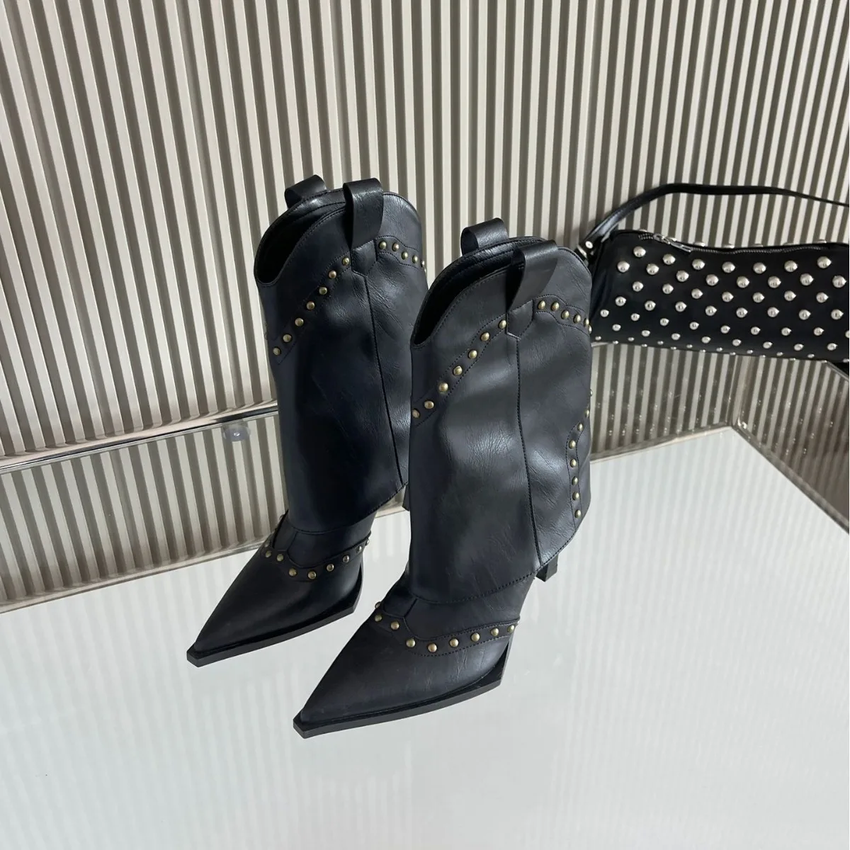 New Style Ladies Classy Ankle Boots Pointed Toe Studs Rivet Cowgirl Wider Calf Black Women High Heel Boots - Image 3