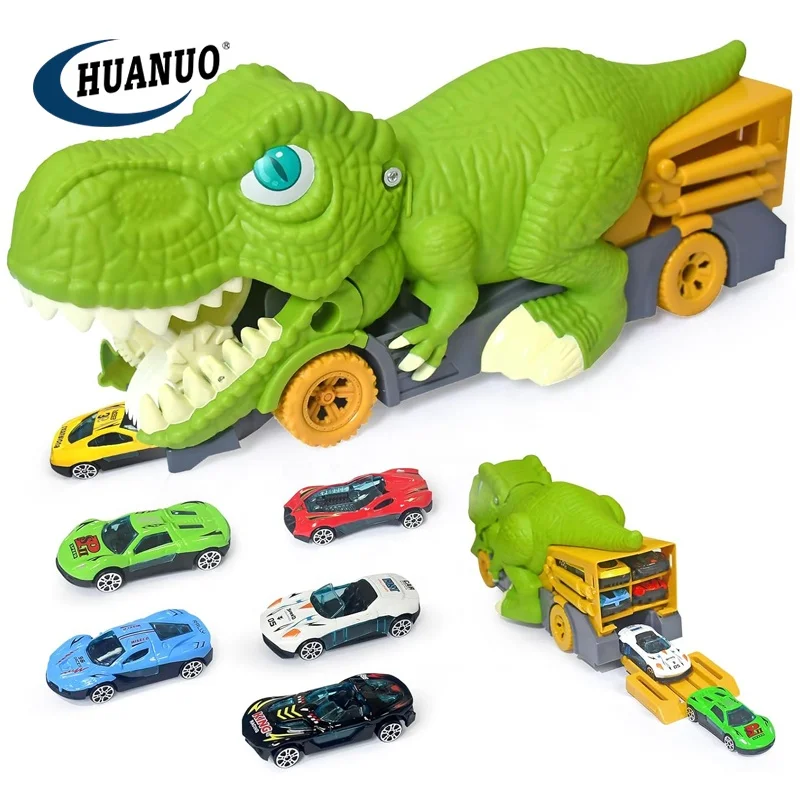 HOTUT Jouet Dinosaure 5-en-1 – Camion Transporteur Avec 4 Petits Dinosaures – Sons Et Lumières – Sans Piles Pour La Friction – Dès 2 Ans – ABS Résistant