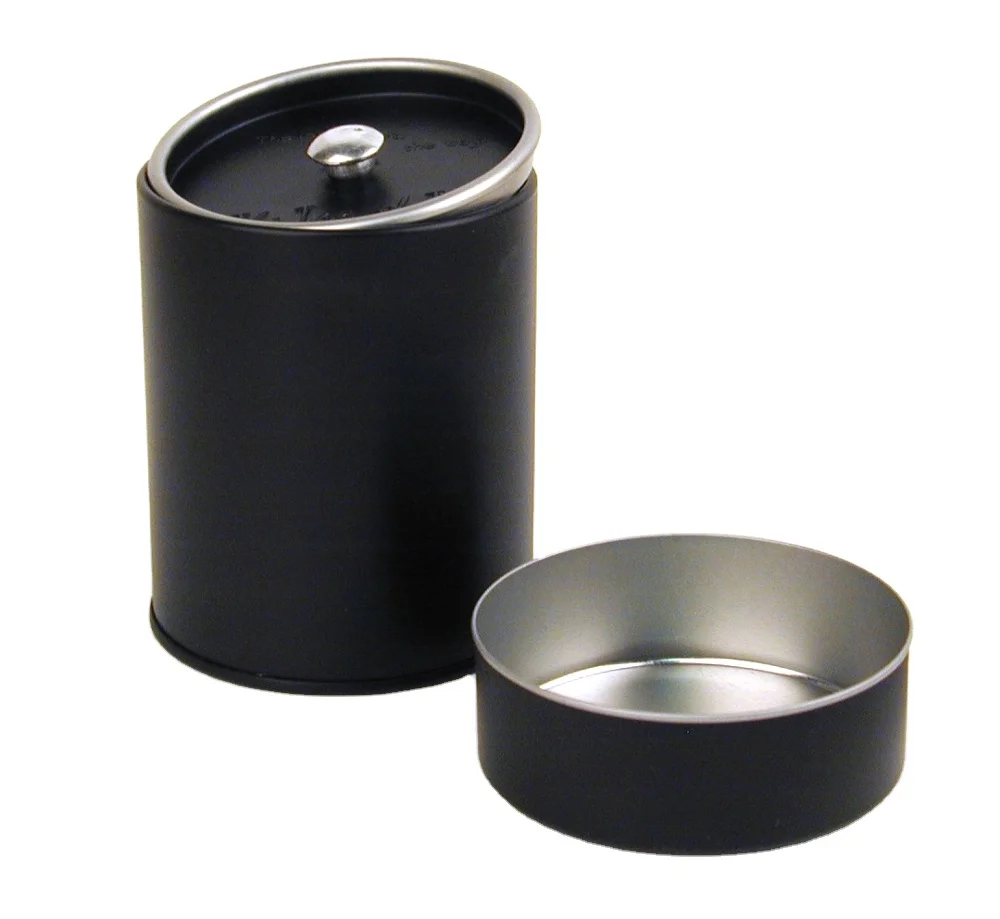 Custom logo black cylinder tin can packaging for tea