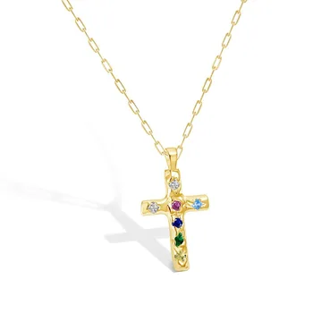 High Quality Gold Silver Plated Vintage Colorful Stone Cross 925 Silver Chain Necklace Jewelry For Girls
