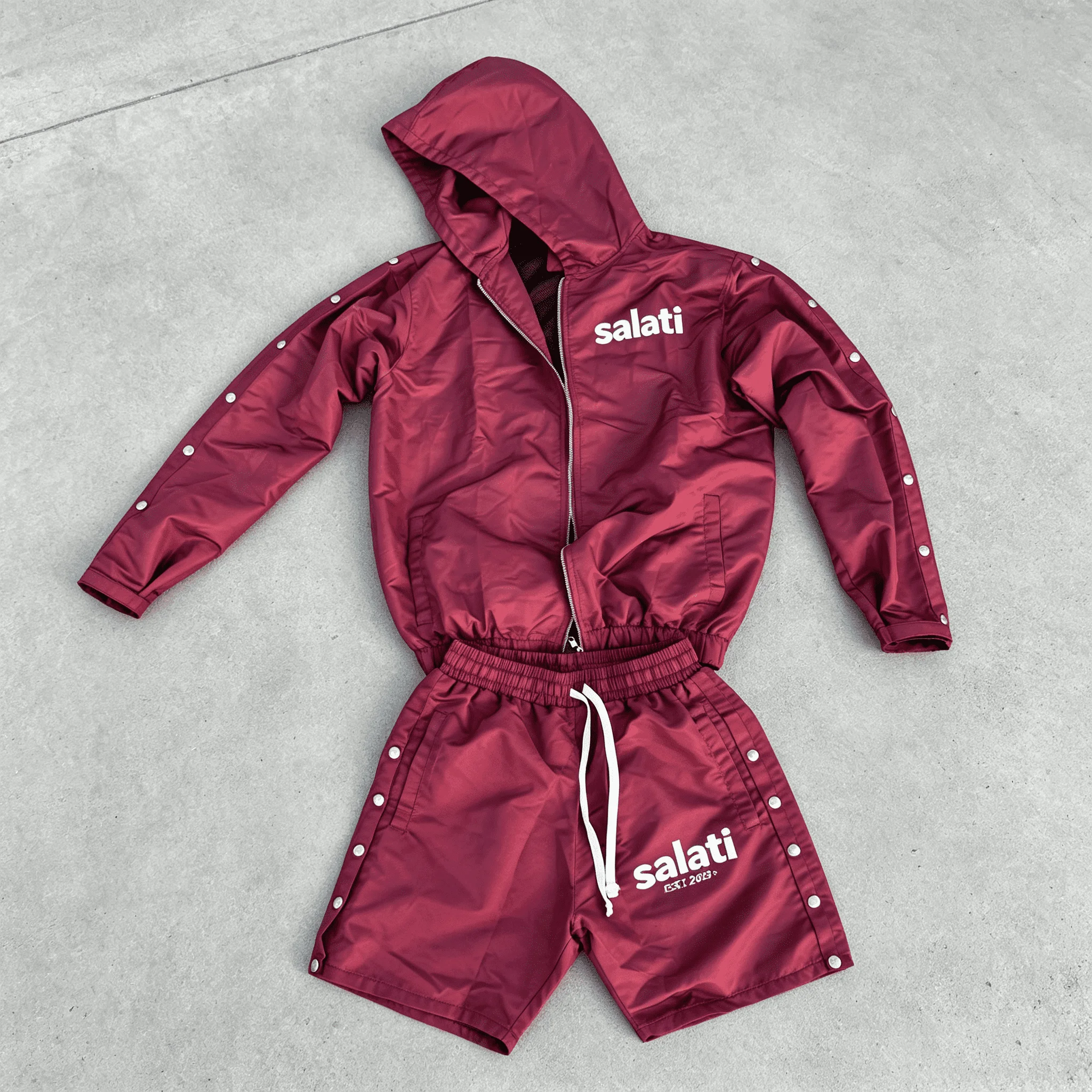 Wholesale Mens Two Piece Set Burgundy Hooded Zip up Jacket Drawstring Shorts Summer Streetwear Supplier Top Men Casual Sets gallery 7