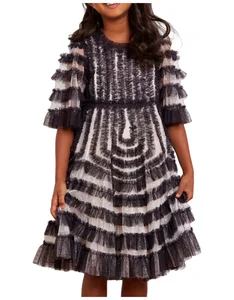 Children's Elegant Black and White Layered Ruffled 3D Pattern Summer ODM Princess Evening Dress for Girls Tulle Gown Knee-Length