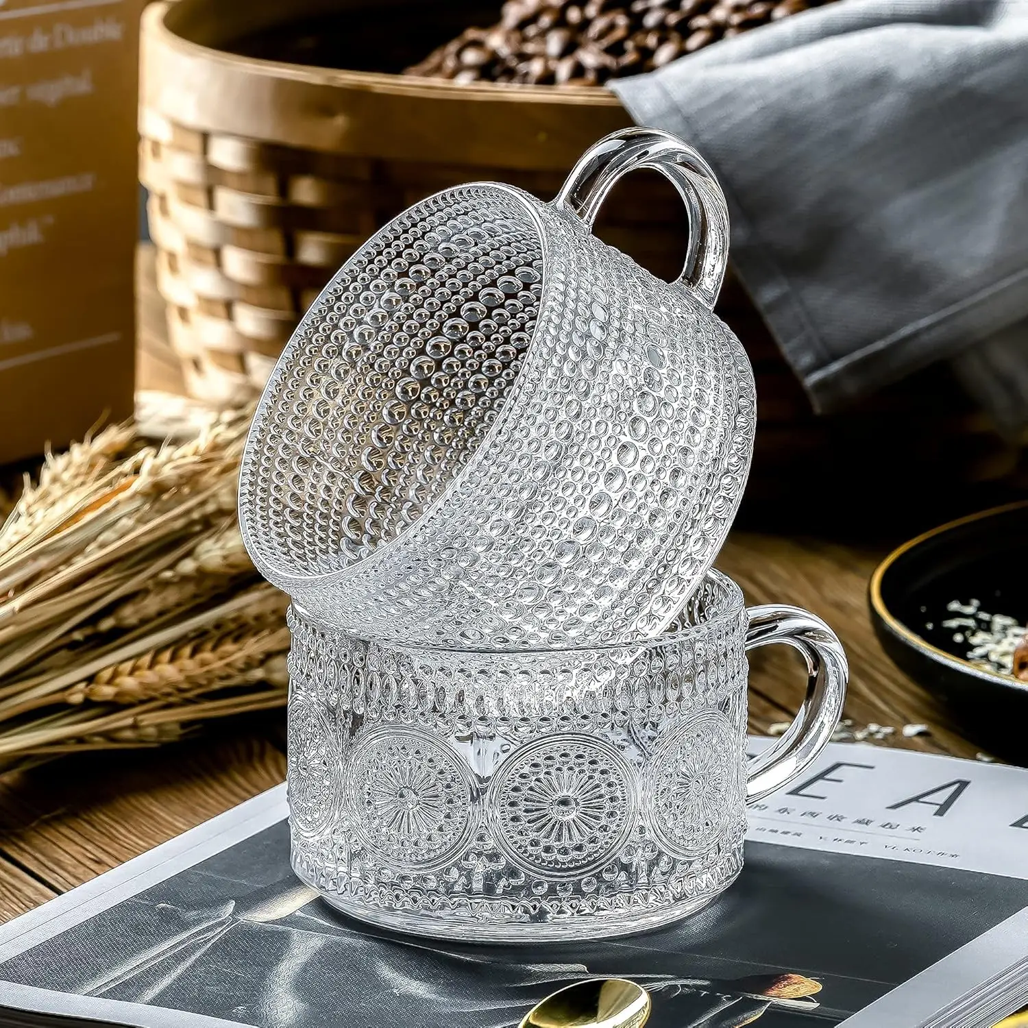 Vintage 14 oz Clear Embossed Glass Coffee Mugs Customizable Logo Old Cups  Tea Cappuccino Latte Cereal Party Handle Included| Alibaba.com