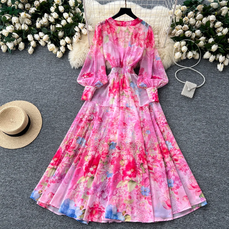 Shop Our LY6585 Dress - Vintage Flower Print V Neck Long Dress