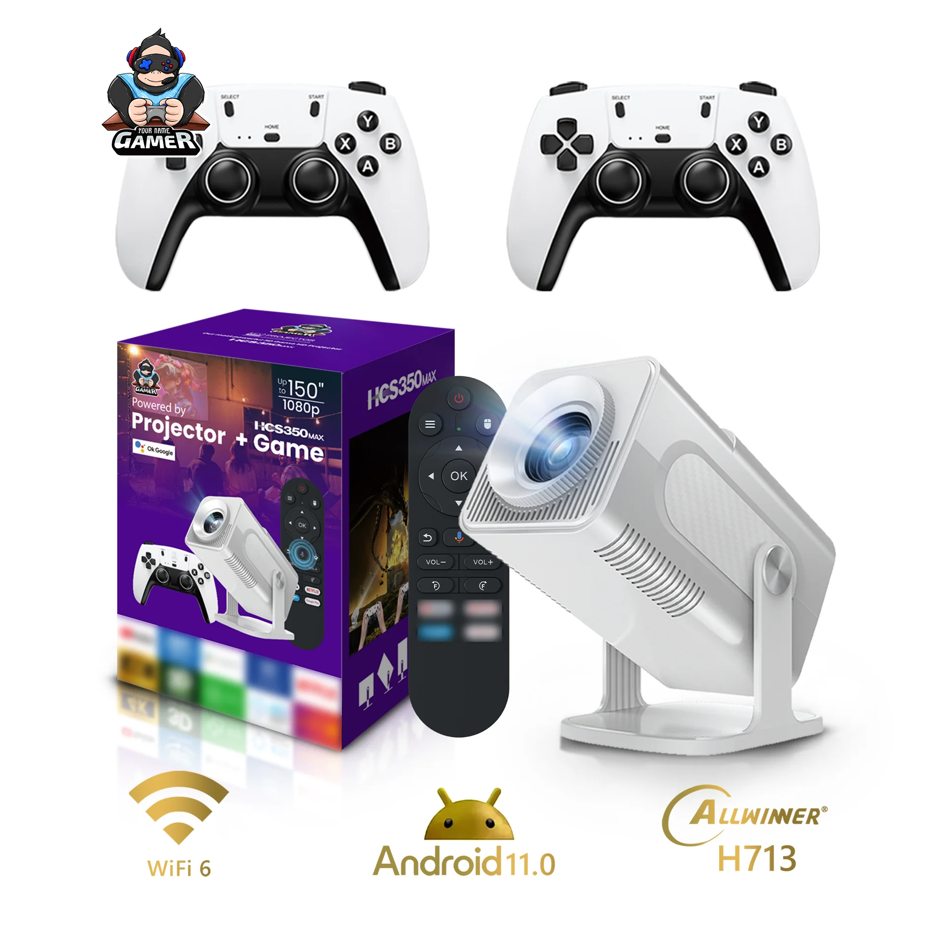 HCS350 Max 4k Portable Projector Game with Wireless Dual Gamepad Portable Mini Game Player Home Interactive Game Projector