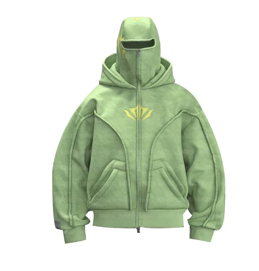 Custom Regular Fit Double Hooded Patch Stitch Patch Embroidered Ninja Balaclava Zip up Mens Sweatshirt Hoodie With Face Ski Mask gallery 2