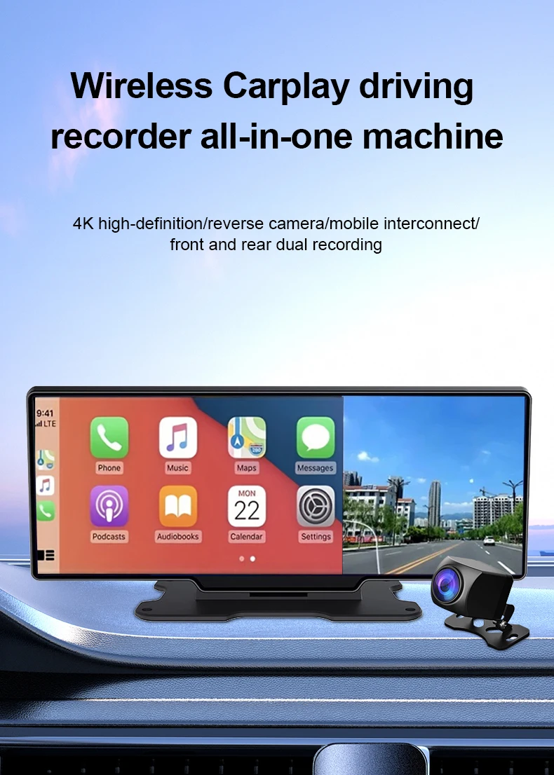 10.26 Wireless Carplay Car Multimedia Player Front and Rear Dual Camera Loop Recording Touch Screen Dash Cam Car DVR Recorder