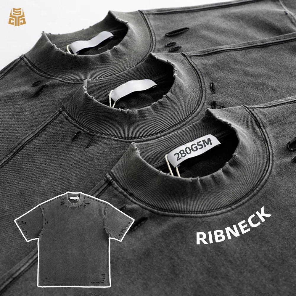 Camiseta de algodón para hombre, gruesa, lavada con ácido, camiseta oversize vintage desgastada, diseño personalizado con logotipo, camiseta básica ajustada para hombre