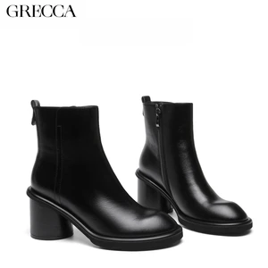GRECCA Women's Leather Ankle Boots Chunky Heel Slip-On Closure Toe Stylish Comfortable All Seasons Fashion for Daily Office