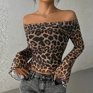 Autumn Women's T-shirt New Streetwear Fashion Long Sleeves Off Shoulder Tees Sexy Leopard Versatile Knitted Clothing 3411