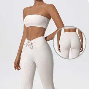 Custom Logo Nylon Spandex High Waist Drawstring Leggings Tube Top Workout Fitness Gym Sports Set for Women