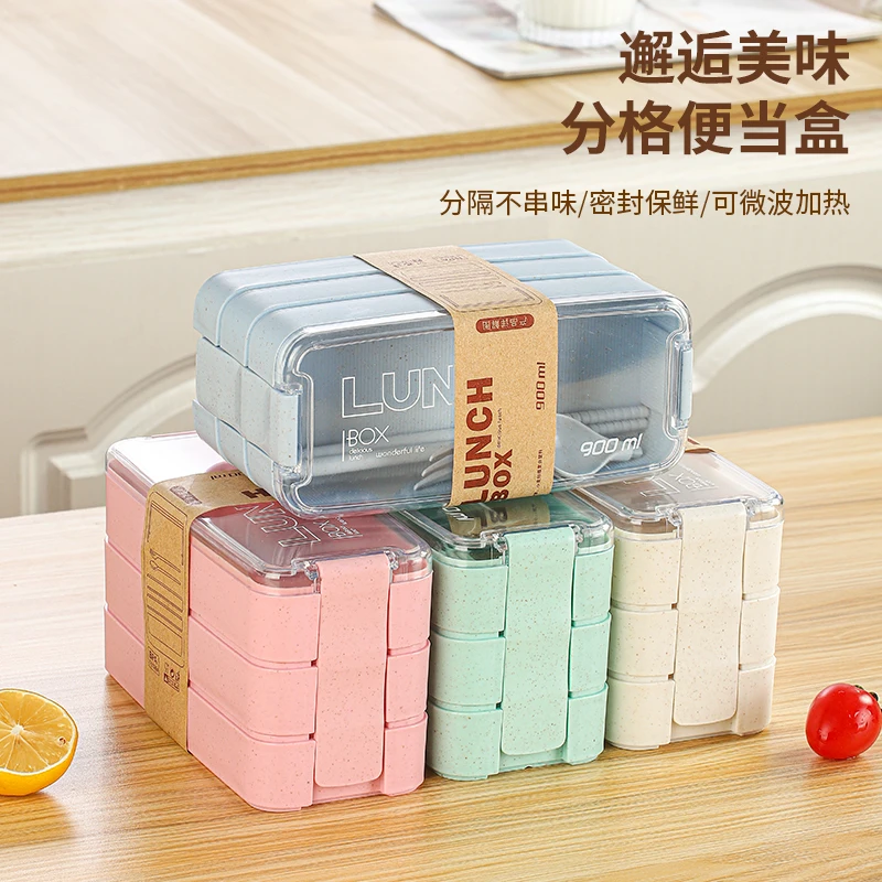 Safe Microwave 3 Layer Wheat Straw Lunch Box Custom Plastic Bento Box With Cutlery Set Logo