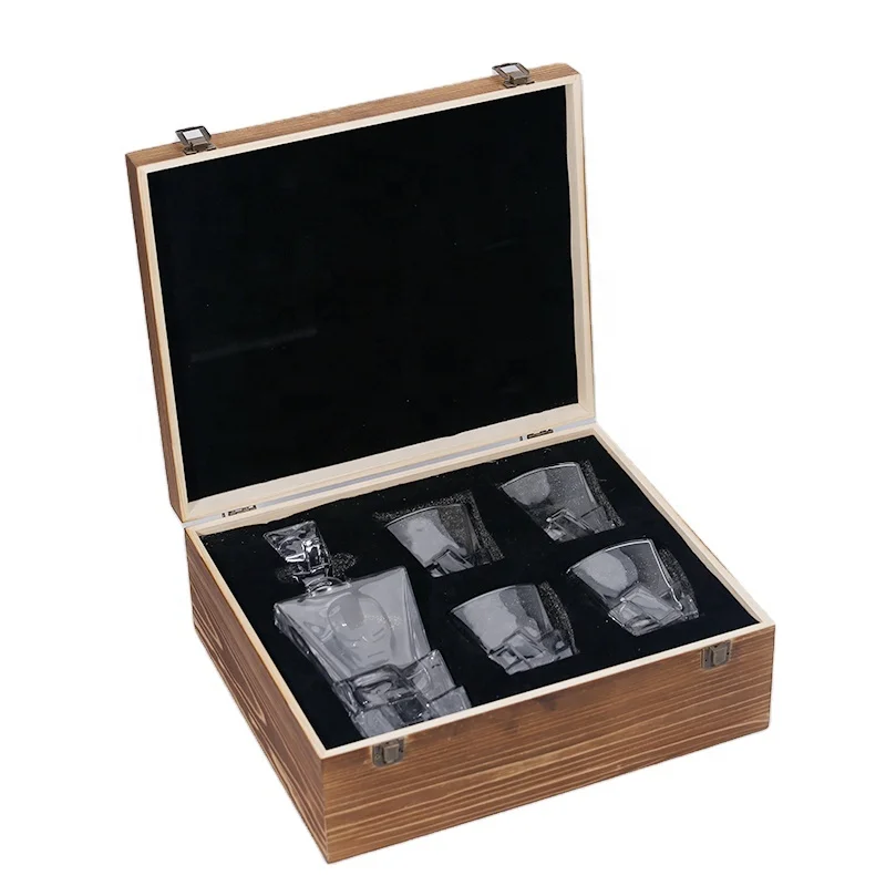 HUAHANG Custom Etched Crystal Glass Liquor Rock Whisky Decanter Set 5 Pack Old Fashioned Whiskey Wooden Gift Box Transparent