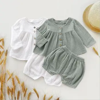 Amazon Hot Sale Infant& toddler clothing, infant clothes 2 pieces linen baby girls' clothes set