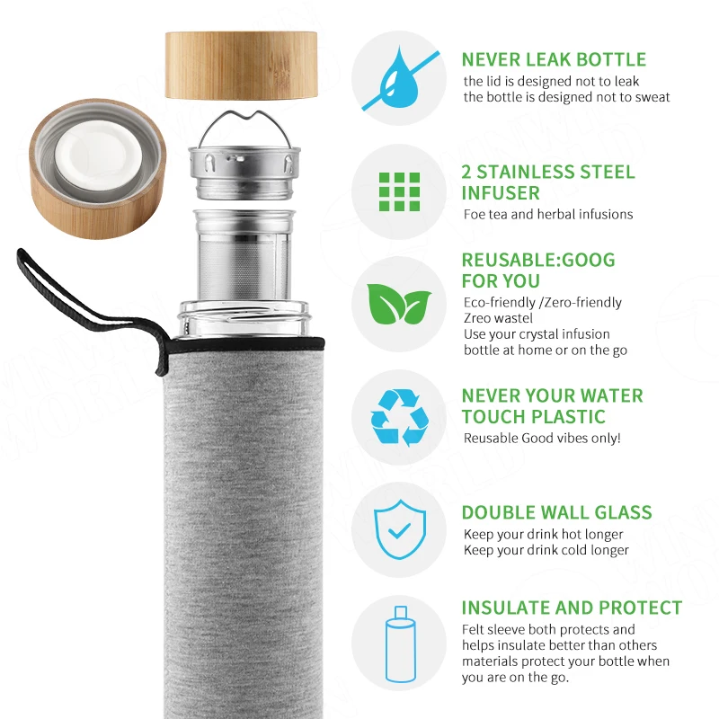 Glass Crystal Water Bottle 450ml,Double Wall Borosilicate Glass Fruit