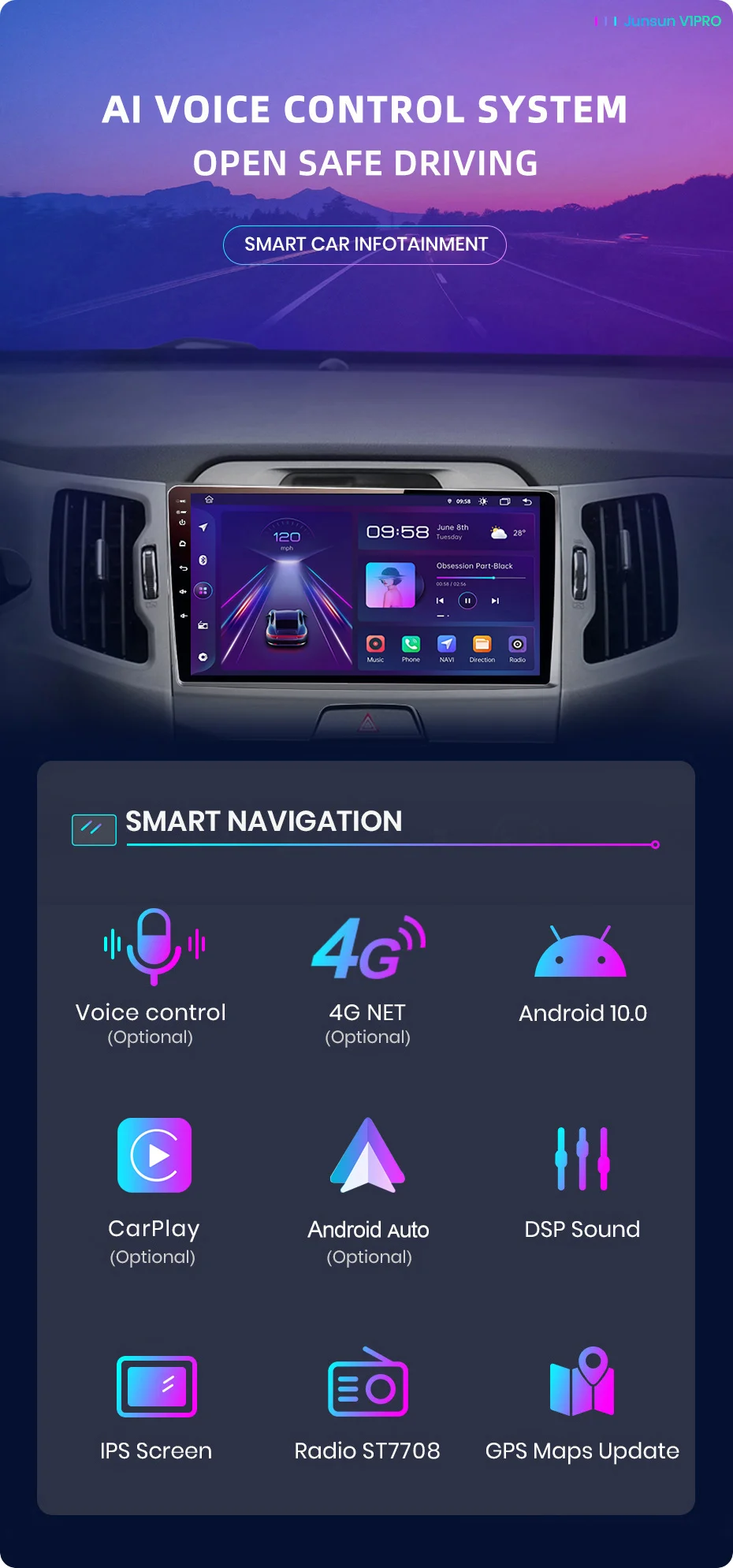 Buy Junsun V1pro AI Voice 2 din Android GPS For KIA Sportage 3