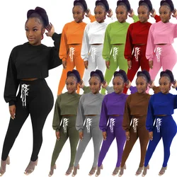 sweatpants and hoodies sets clothes for women fall winter bandage hoodie crop tops jogger pants two piece suits