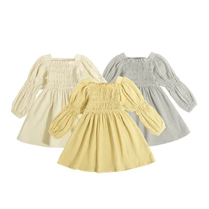 Top Sales Summer Double Gauze Children Skirt Adorable Square Collar Ruffle Design 100% Cotton Kids Girls Dress