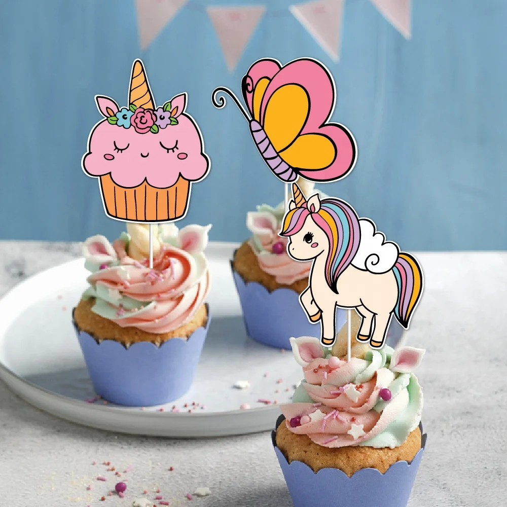 24pcs Rainbow Unicorn Cupcake Toppers Picks Birthday Baby Shower Party