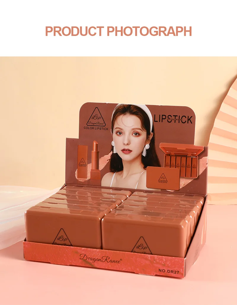 Dragonranee ODM Mini Cute Lipstick Sample Set 6 Vegan Nude Matte Lipsticks and Lip Gloss Lasting Pencil Form Box Packaging