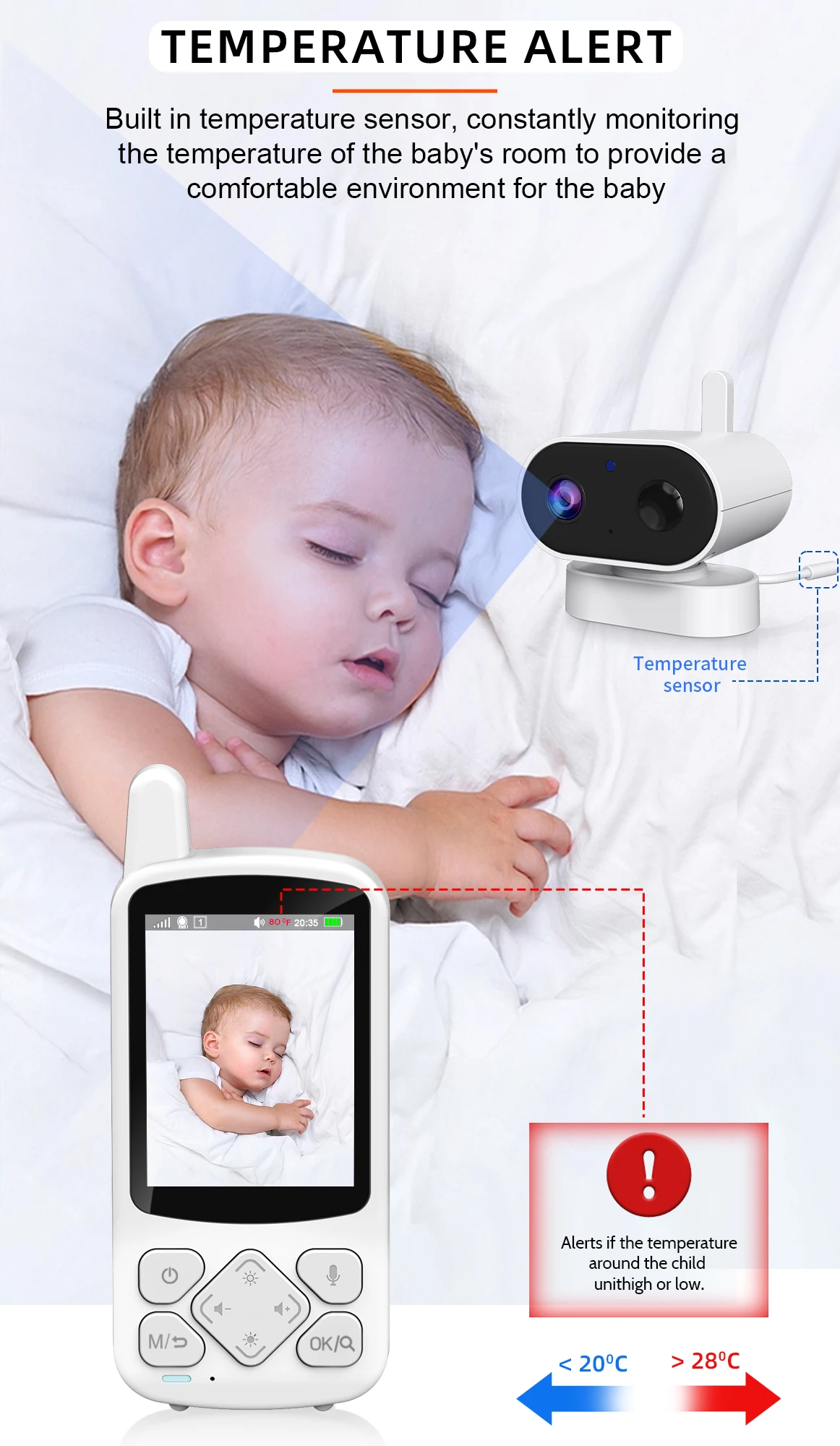 720P 2.8Inch Screen 2.4G Wireless Babyphone Camera 2000mah Temperature Detection Two Way Talk Smart Video And Audio Baby Monitor