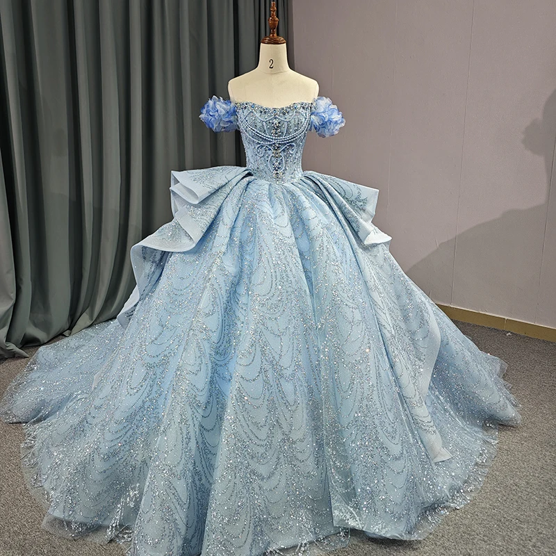 Blue Wedding Dress Beaded - Luxury Princess Ball Gown