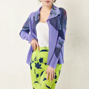 Miyake Pleated Women's Tops Polyester Loose Large Size Coats Lapel Casual Style Printed Pleated Design Top