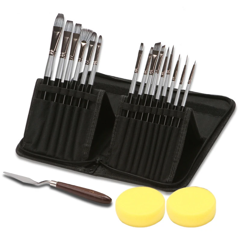 Panwenbo 18 шт. OEM Акварельная акриловая кисть для рисования маслом нейлоновая волос с деревянной ручкой набор кистей тканевой сумкой