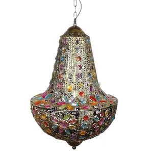 Handmade Antique Brass Moroccan Style Colored Chandeliers for Home  Luxury Boho Old Lantern Pendant Lights Fixture