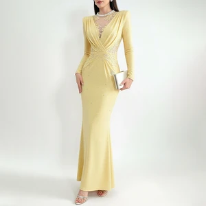 ZYHT 73948 Lady Women Customization Factory Pearls Neck Lace Trim Crepe Yellow Long Sleeve Maxi Evening Party Formal Dress