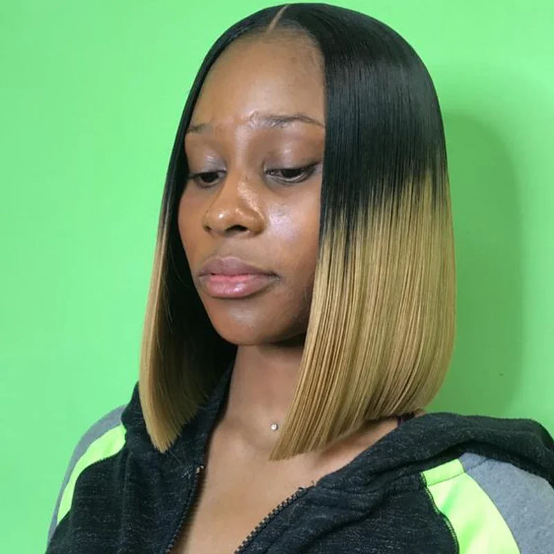 Blaues Ombré Bob Echthaarperücke Mit Lace Closure Für Damen_voghion.com