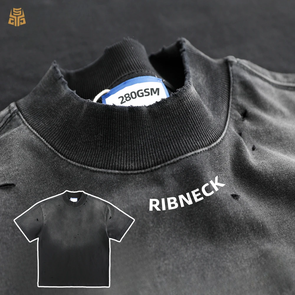 T-shirt oversize à col rond côtelé, streetwear déchiré, 300 g/m², personnalisé en coton 100 %, lavage acide pour hommes