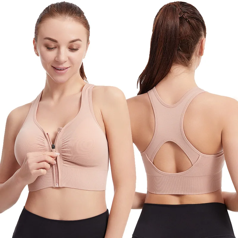 Shockproof Gathered Large Size Running Yoga Fitness Sports Bra Hollow Out Beauty Back Front Zipper Sports Underwear Women