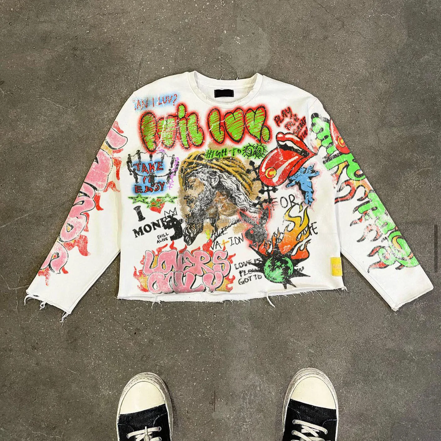 Men's 240gsm Oversized Boxy Fit Graphic Print T-Shirt Long Sleeve Streetwear Digital Solid Cropped Full Neck 'Salati' Collection gallery 3