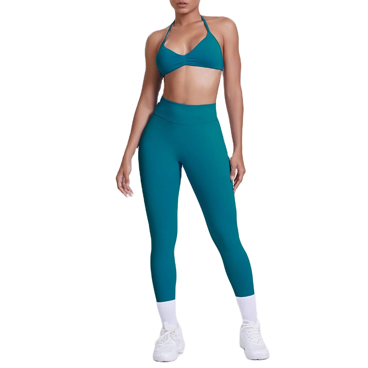 Solid Color Plus Size Yoga Set High Waist Sports Pants Camisole Halter Bra Fitness Sets