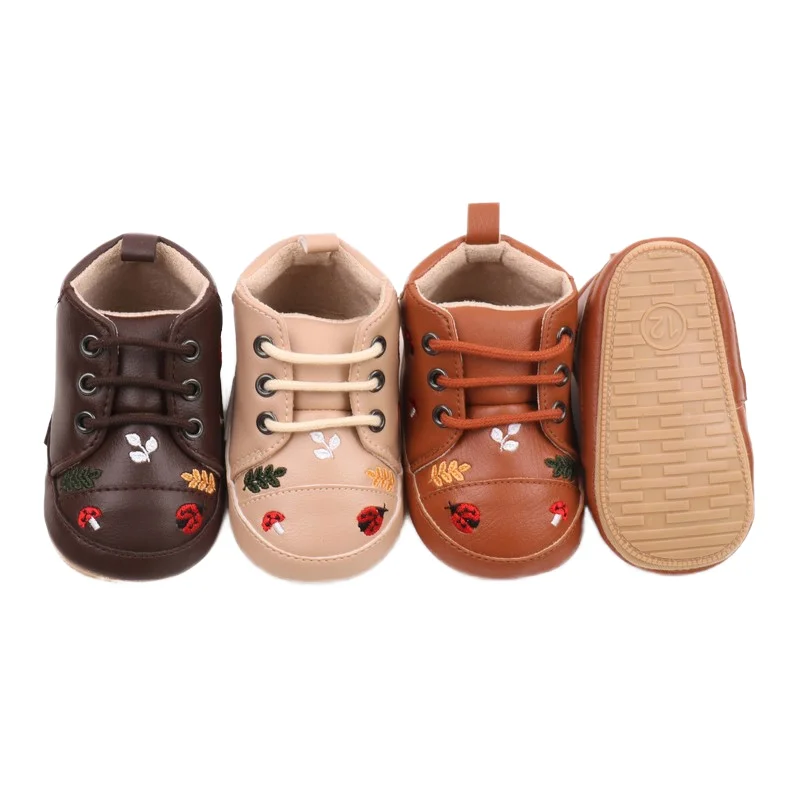 Spring and Autumn Pu Leather Cartoon Embroidered Baby High Top Front Elastic Casual Toddler Shoes