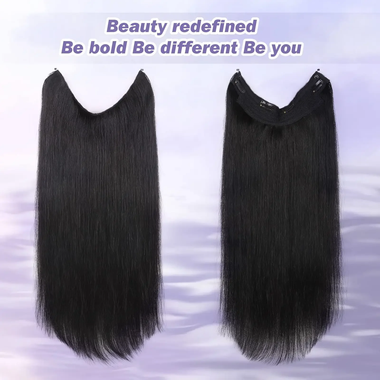 Wire Hair Extensions Real Human Hair with Transparent Headband Adjustable Size 4 Secure Clips Straight Secret Hairpiece #1B_voghion.com