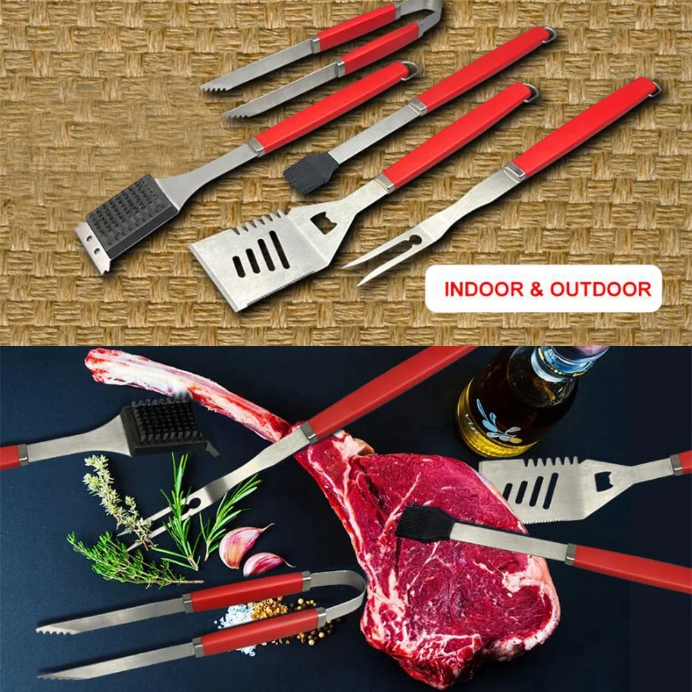 Set of 5 Factory Wholesale Colorful Plastic Handle BBQ Tools Set for Outdoor Barbecue Camping Barbecue Accessories Grill