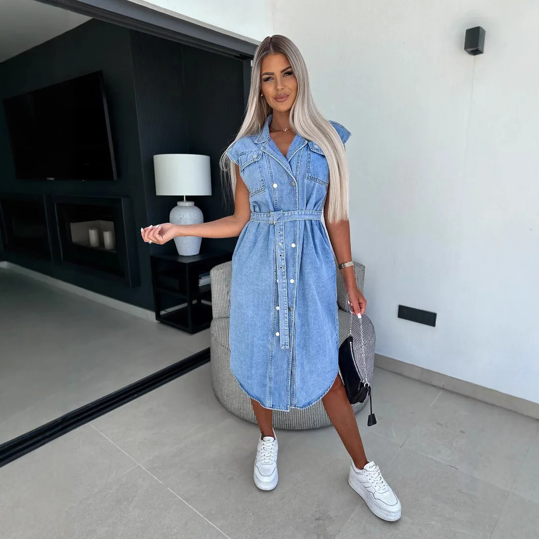 cut-out sleeveless lapel denim dress frilancy on LTK