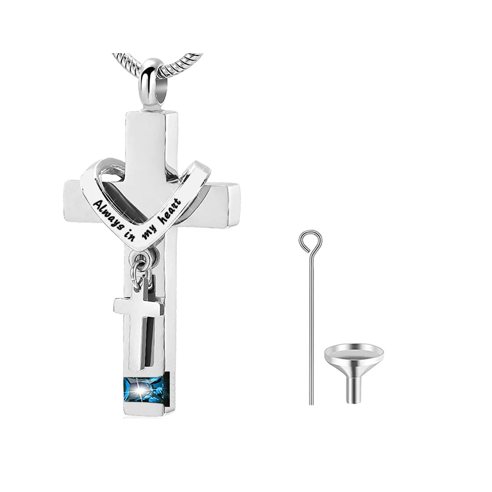 Cross With Birthstone Urn Necklaces for Ashes Stainless Steel Memorial Cremation Pendant Jewelry Keepsake for Human or Pet Gift